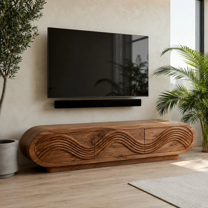 Natural Solid Wood TV Stand with Sculptural Wave Carving – Minimalist - Arboriswood - 2