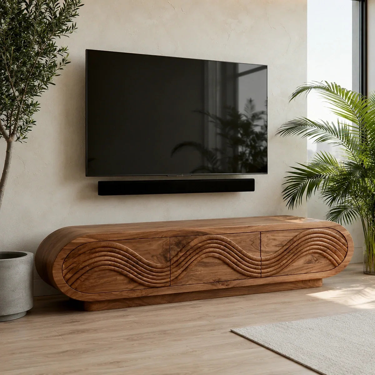 Natural Solid Wood TV Stand with Sculptural Wave Carving – Minimalist - Arboriswood - 2