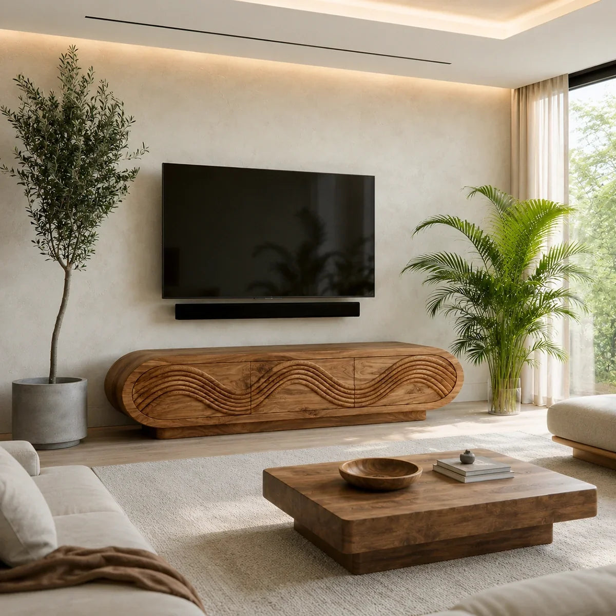 Natural Solid Wood TV Stand with Sculptural Wave Carving – Minimalist - Arboriswood - 4