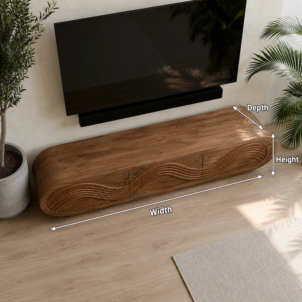 Natural Solid Wood TV Stand with Sculptural Wave Carving – Minimalist - Arboriswood - 5