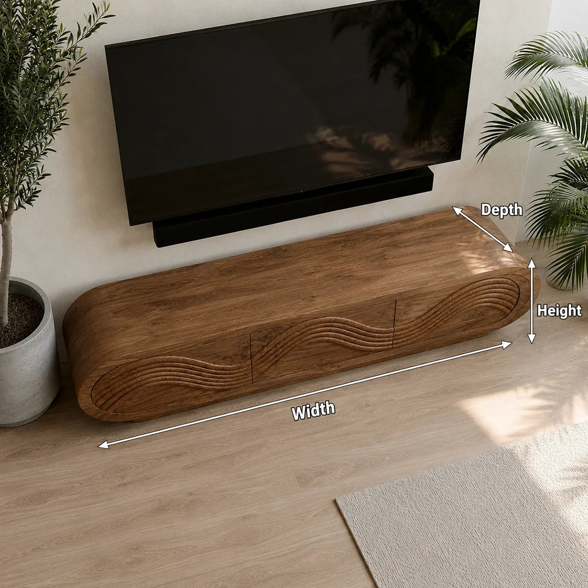 Natural Solid Wood TV Stand with Sculptural Wave Carving – Minimalist - Arboriswood - 5