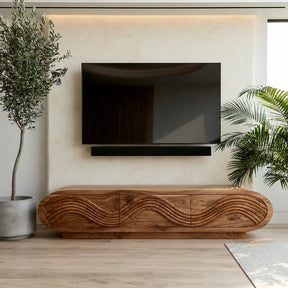 Natural Solid Wood TV Stand with Sculptural Wave Carving – Minimalist - Arboriswood - 7