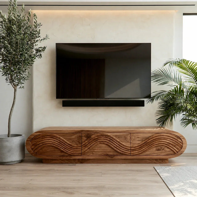 Natural Solid Wood TV Stand with Sculptural Wave Carving – Minimalist - Arboriswood - 7