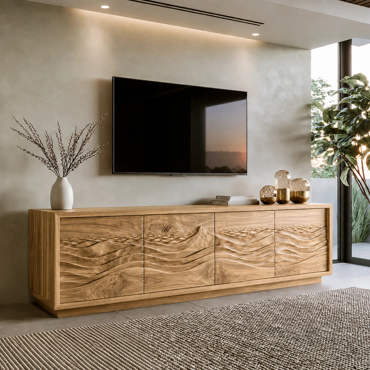 Natural Solid Wood TV Stand with Sculptural Wave Doors – Modern - Arboriswood - 10