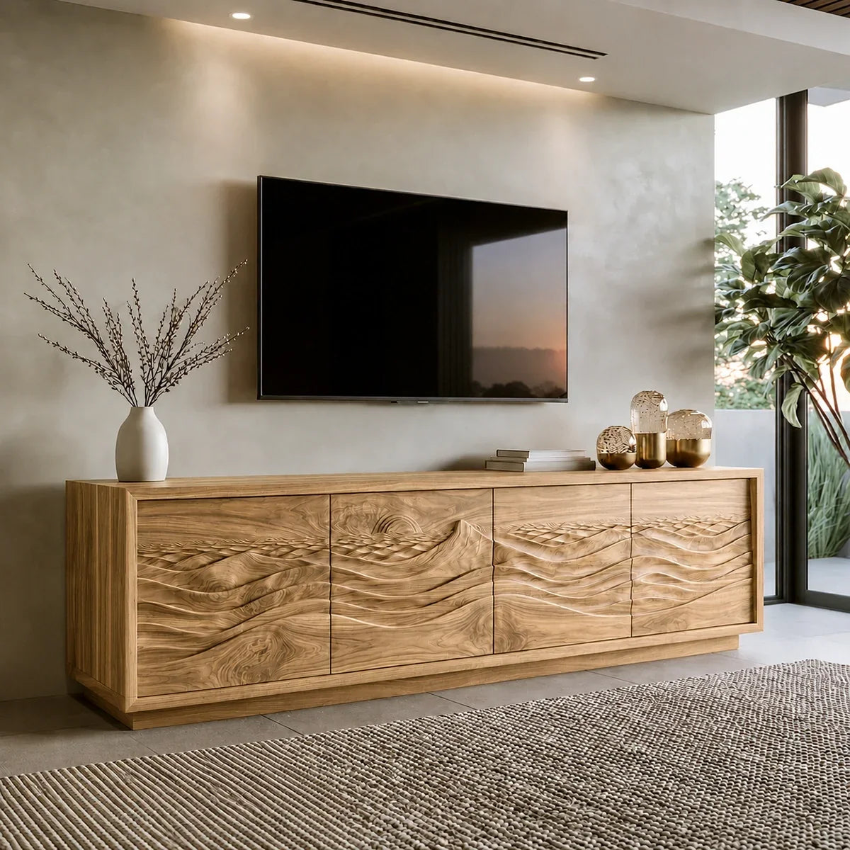 Natural Solid Wood TV Stand with Sculptural Wave Doors – Modern - Arboriswood - 10