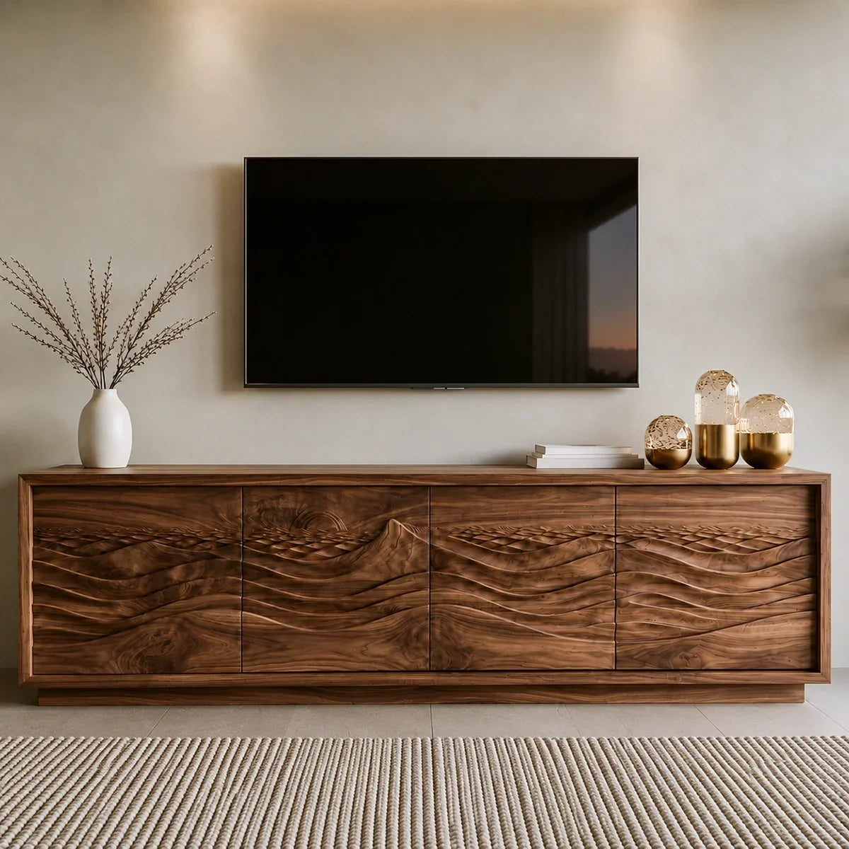 Natural Solid Wood TV Stand with Sculptural Wave Doors – Modern - Arboriswood - 4