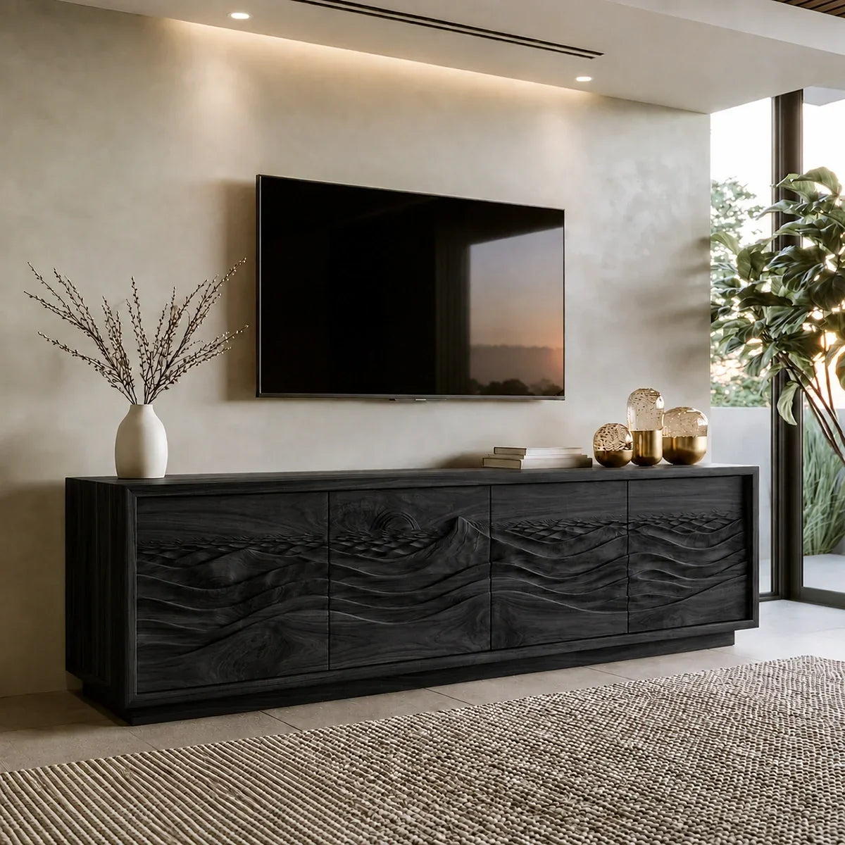 Natural Solid Wood TV Stand with Sculptural Wave Doors – Modern - Arboriswood - 8