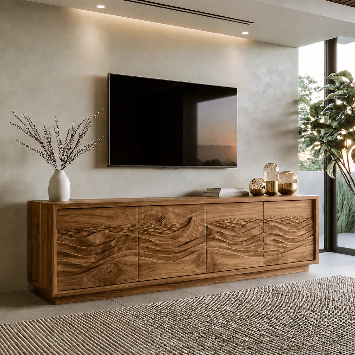 Natural Solid Wood TV Stand with Sculptural Wave Doors – Modern - Arboriswood - 9