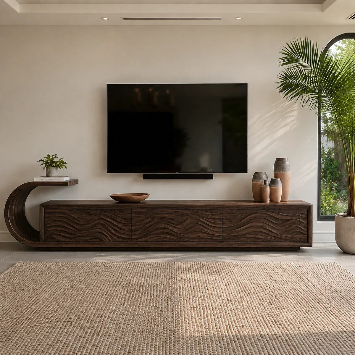 Natural Solid Wood TV Stand with Sculptural Wave Relief Doors – Japandi - Arboriswood - 10