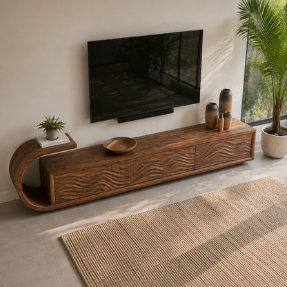 Natural Solid Wood TV Stand with Sculptural Wave Relief Doors – Japandi - Arboriswood - 3