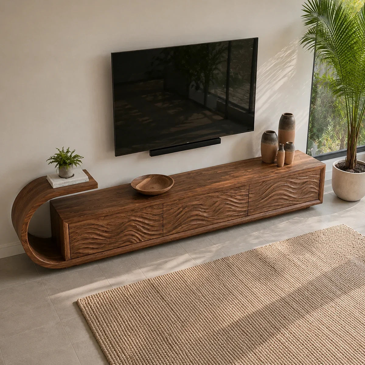 Natural Solid Wood TV Stand with Sculptural Wave Relief Doors – Japandi - Arboriswood - 3