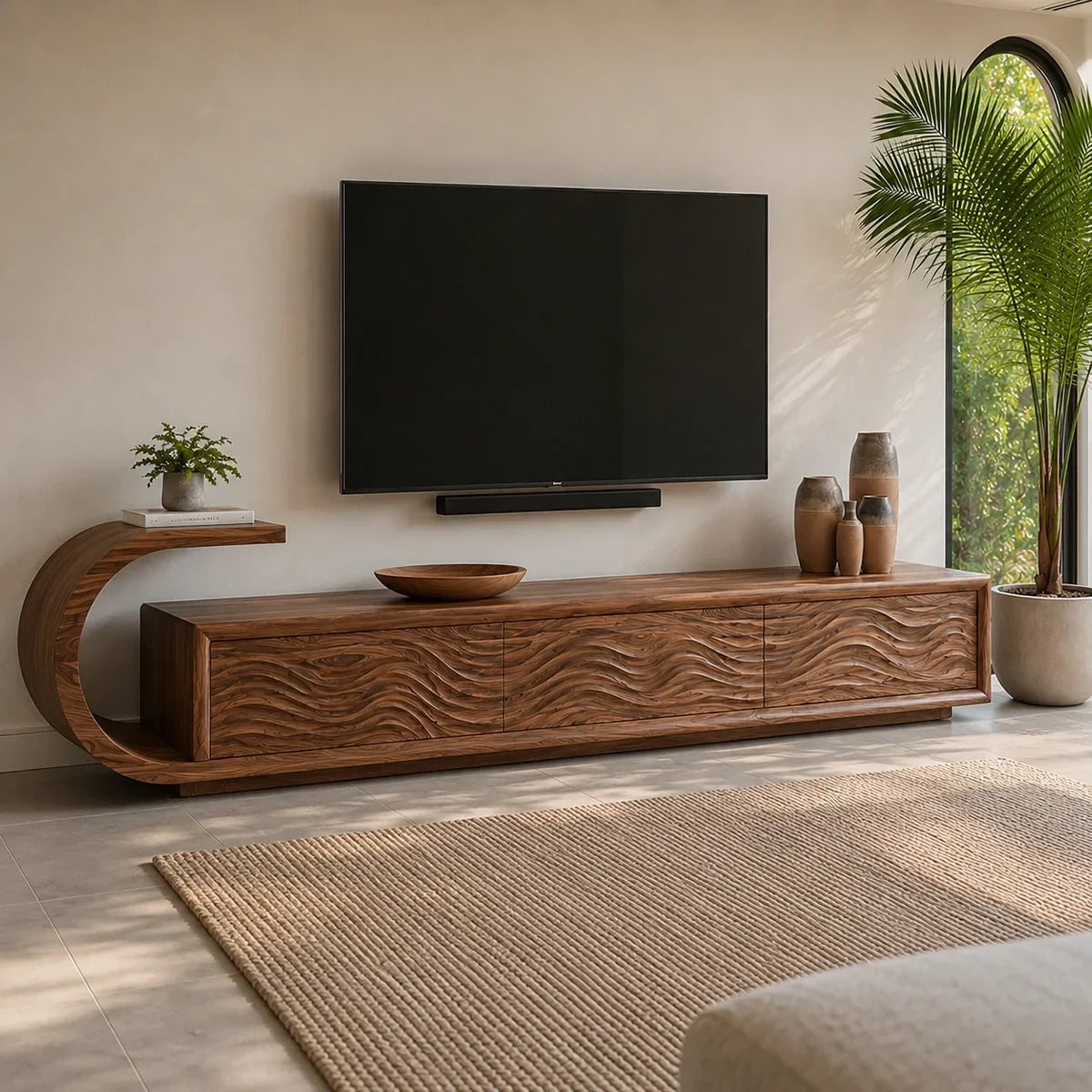 Natural Solid Wood TV Stand with Sculptural Wave Relief Doors – Japandi - Arboriswood - 4