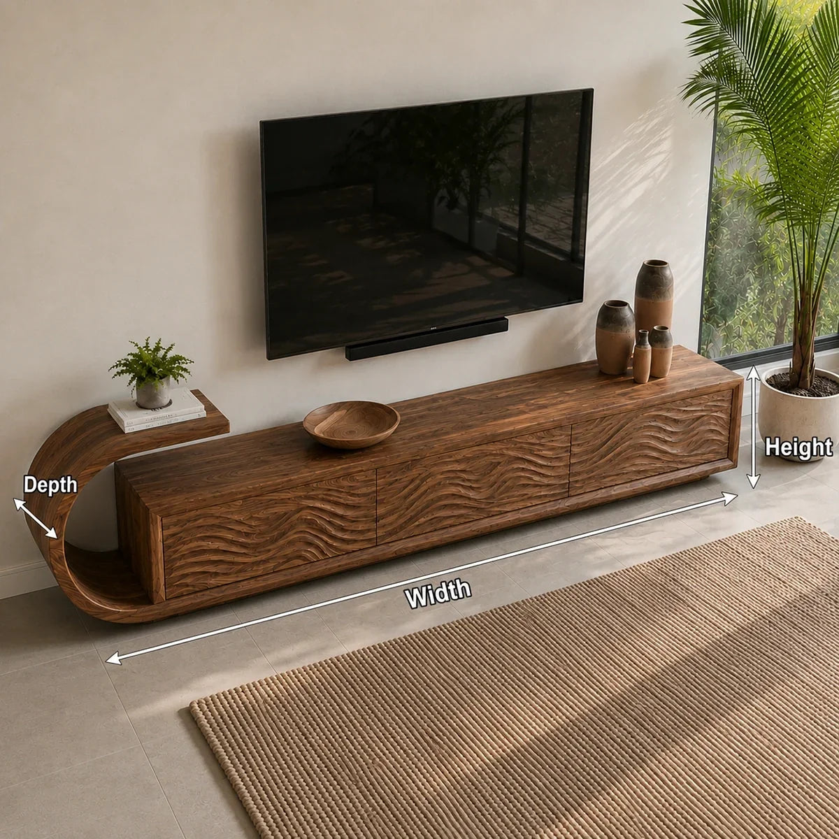 Natural Solid Wood TV Stand with Sculptural Wave Relief Doors – Japandi - Arboriswood - 5