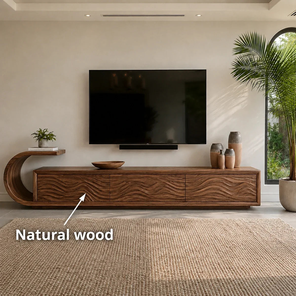 Natural Solid Wood TV Stand with Sculptural Wave Relief Doors – Japandi - Arboriswood - 6