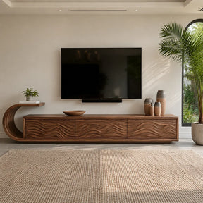 Natural Solid Wood TV Stand with Sculptural Wave Relief Doors – Japandi - Arboriswood - 7