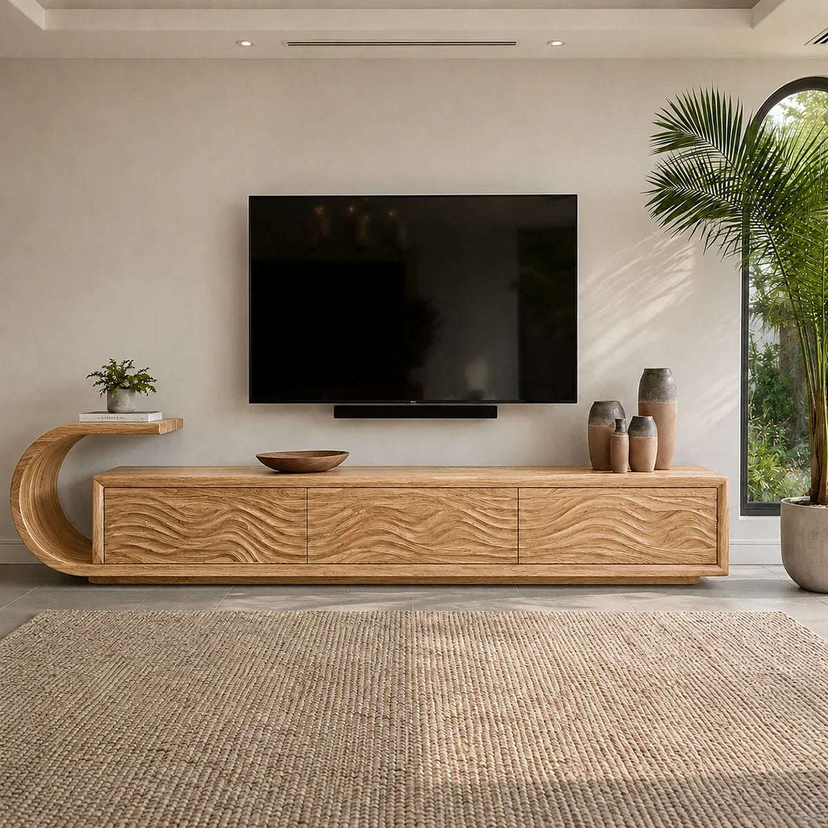 Natural Solid Wood TV Stand with Sculptural Wave Relief Doors – Japandi - Arboriswood - 9