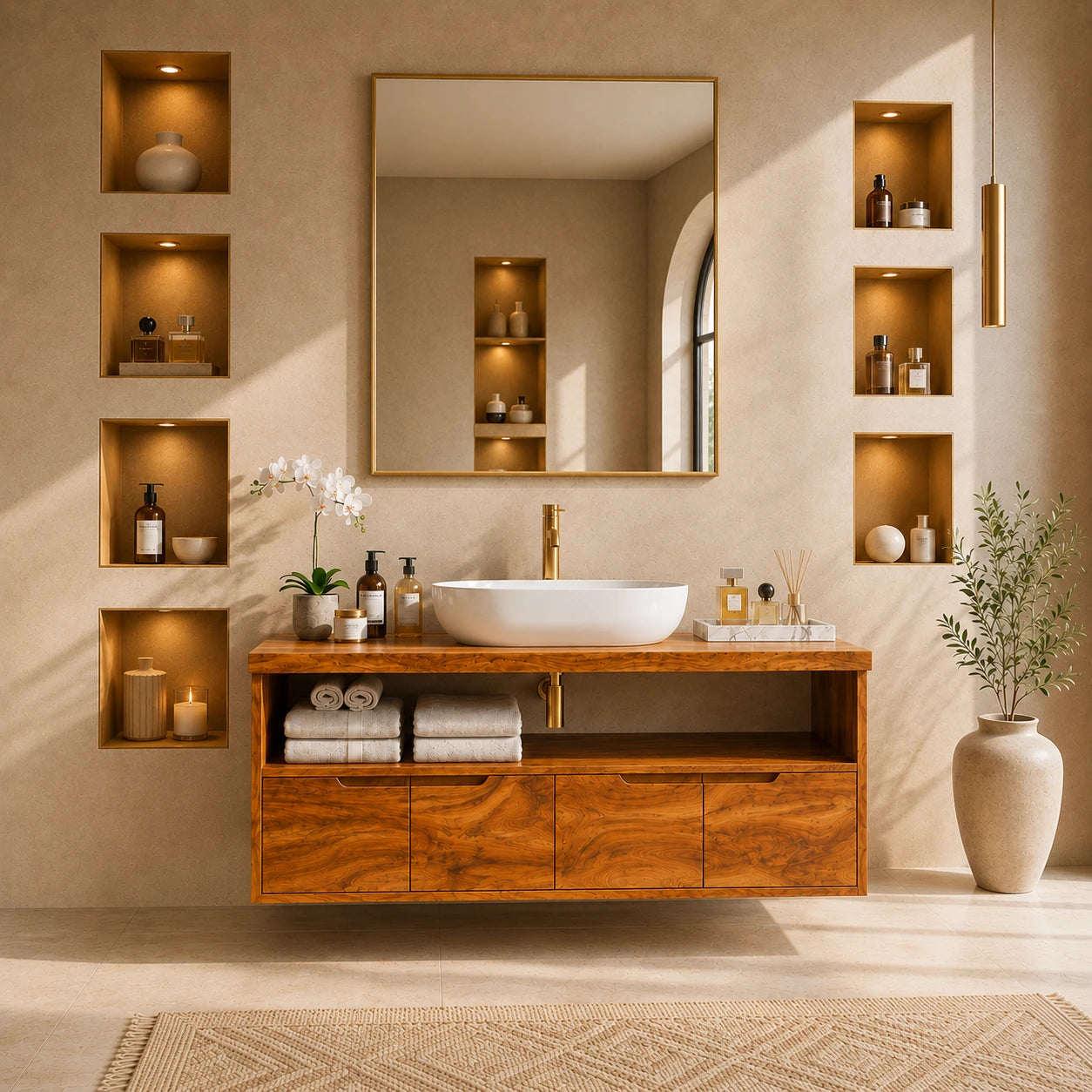 Natural Solid Wood Vanity With Broad Floating Form and Layered Profile - ArborisWood - 12