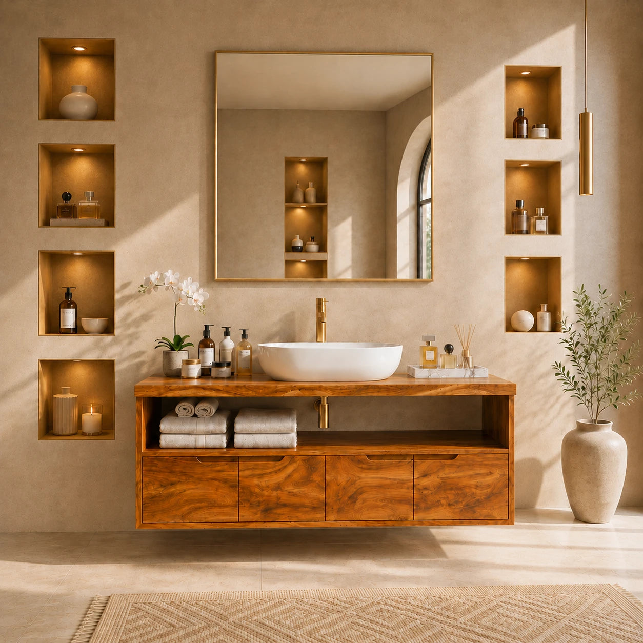 Natural Solid Wood Vanity With Broad Floating Form and Layered Profile - ArborisWood - 13