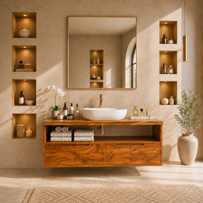 Natural Solid Wood Vanity With Broad Floating Form and Layered Profile - ArborisWood - 13