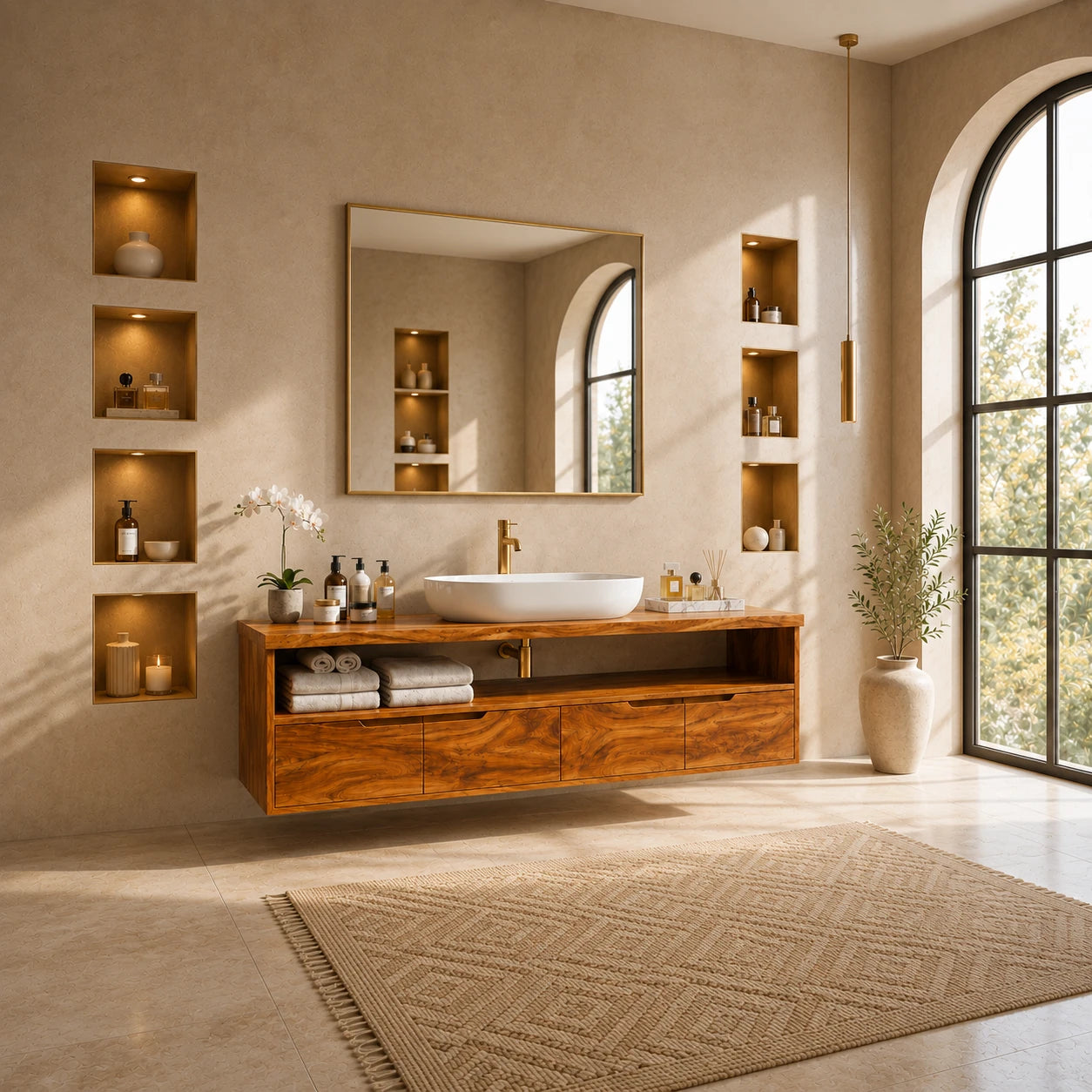 Natural Solid Wood Vanity With Broad Floating Form and Layered Profile - ArborisWood - 2