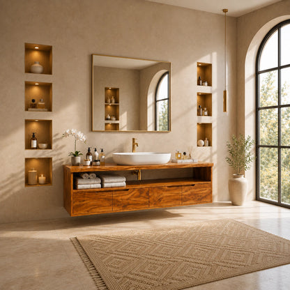 Natural Solid Wood Vanity With Broad Floating Form and Layered Profile - ArborisWood - 2