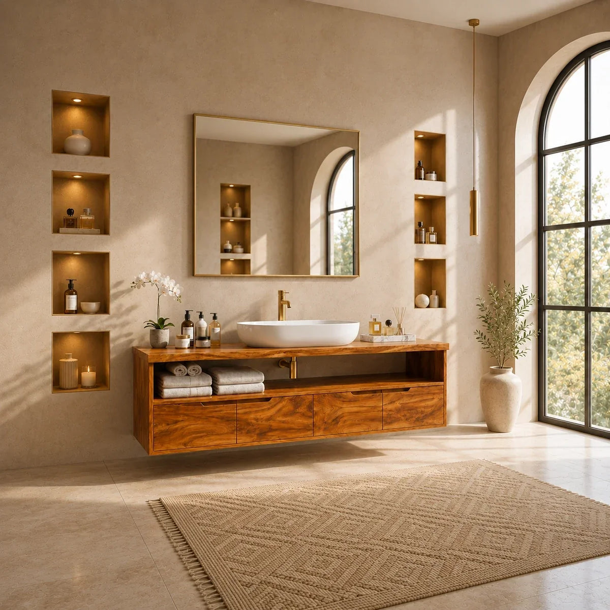Natural Solid Wood Vanity With Broad Floating Form and Layered Profile - Arboriswood - 2