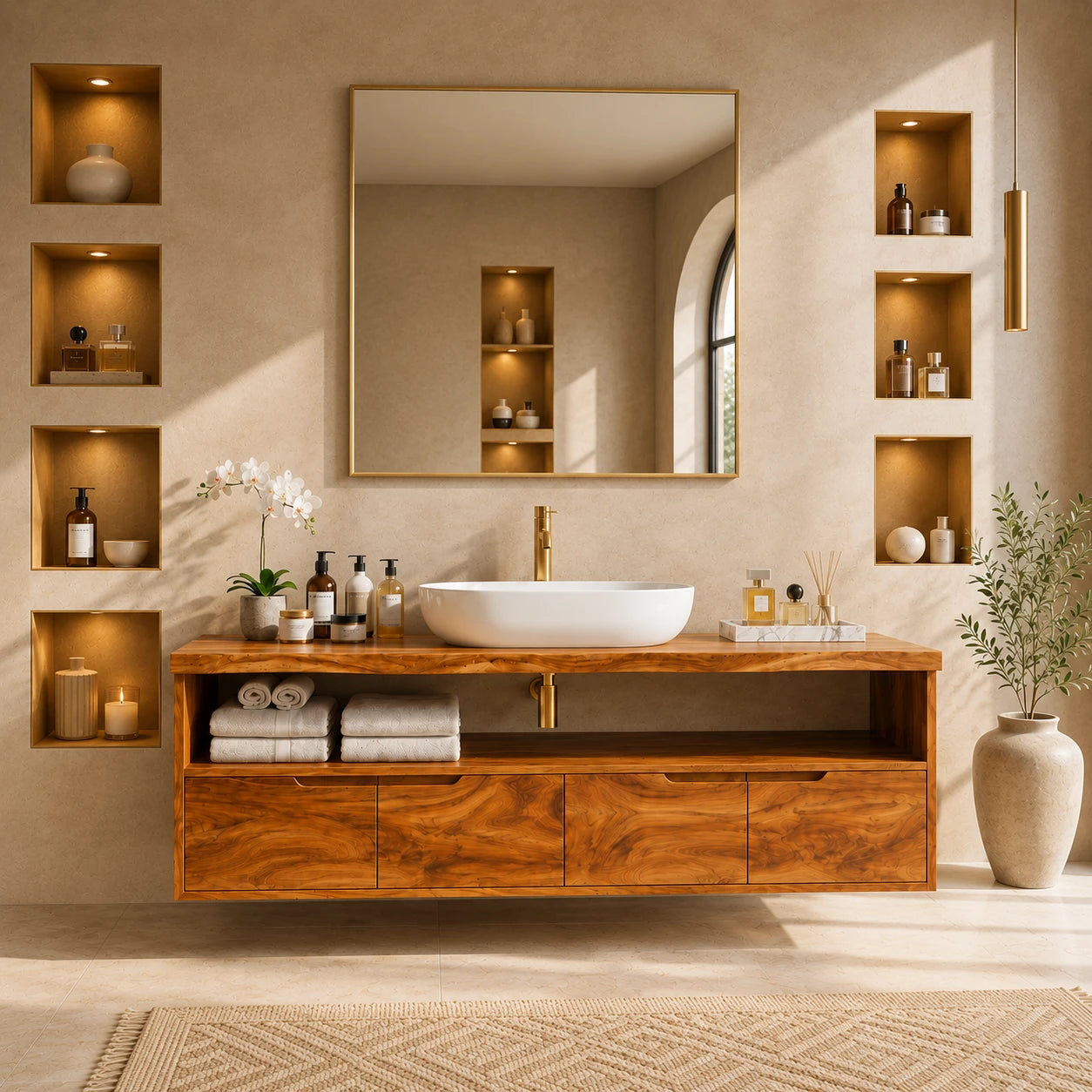 Natural Solid Wood Vanity With Broad Floating Form and Layered Profile - ArborisWood - 3