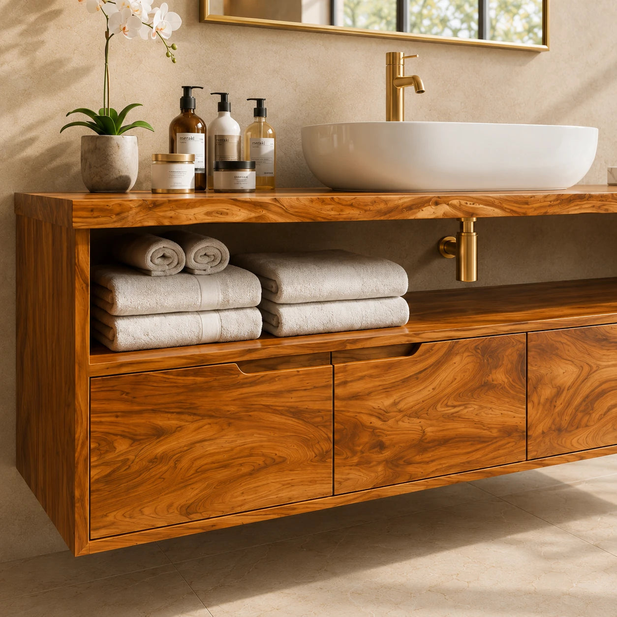 Natural Solid Wood Vanity With Broad Floating Form and Layered Profile - ArborisWood - 4