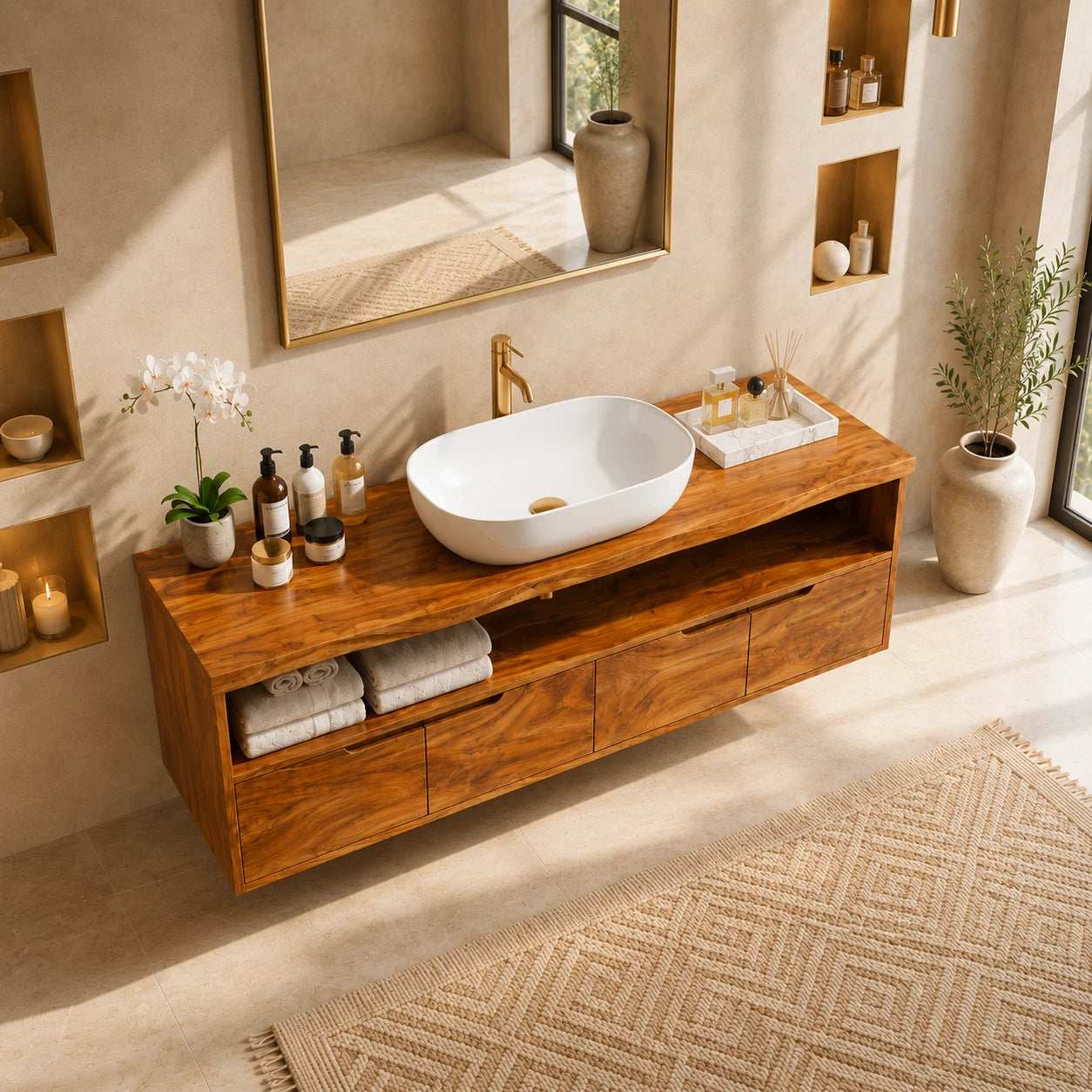 Natural Solid Wood Vanity With Broad Floating Form and Layered Profile - ArborisWood - 5