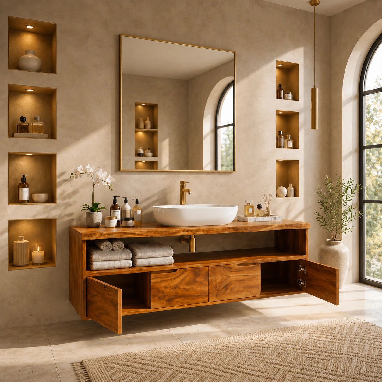 Natural Solid Wood Vanity With Broad Floating Form and Layered Profile - ArborisWood - 6