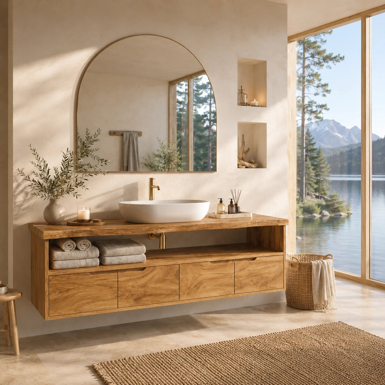 Natural Solid Wood Vanity With Broad Floating Form and Layered Profile - ArborisWood - 8