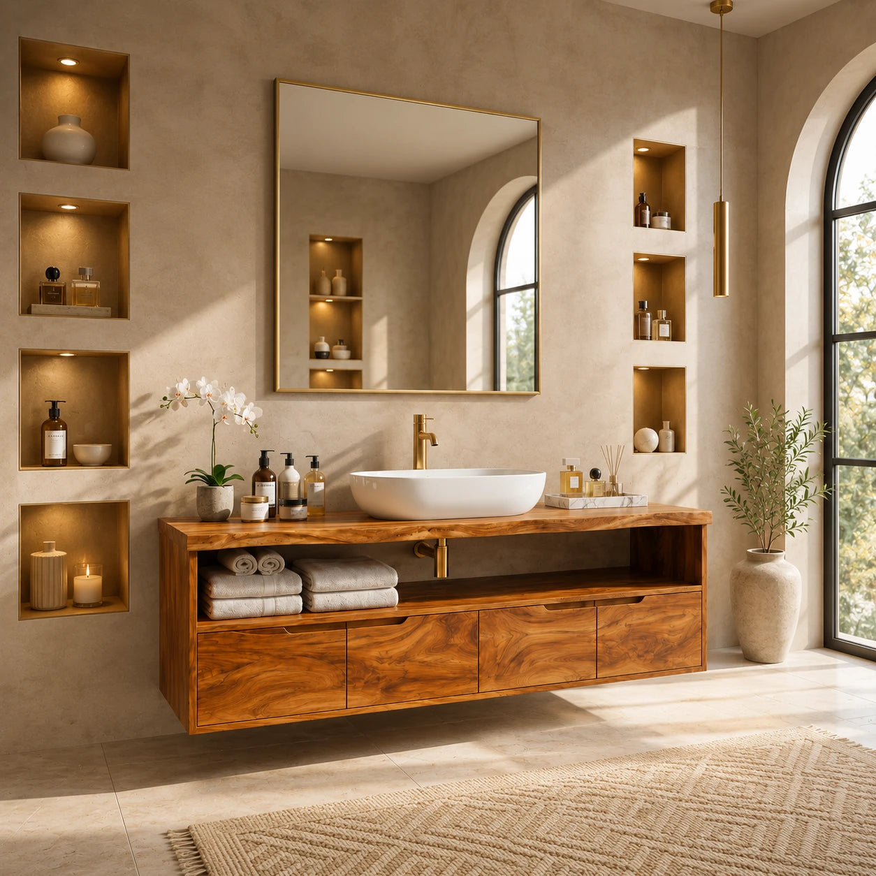 Natural Solid Wood Vanity With Broad Floating Form and Layered Profile - ArborisWood