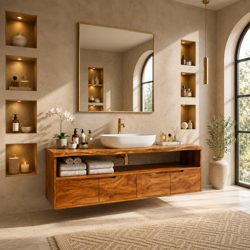 Natural Solid Wood Vanity With Broad Floating Form and Layered Profile - ArborisWood