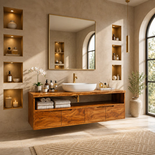 Natural Solid Wood Vanity With Broad Floating Form and Layered Profile - ArborisWood