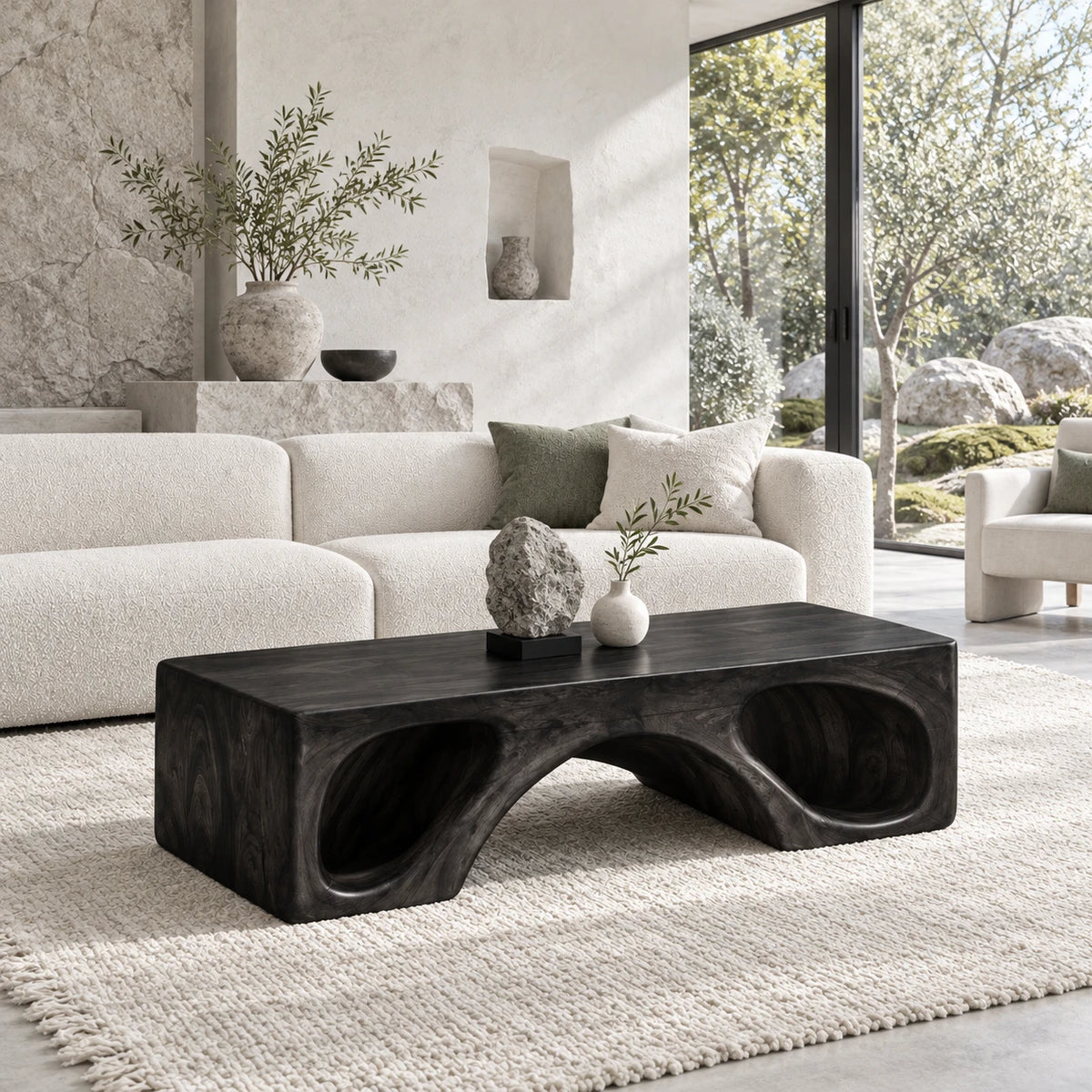 Natural Wood Coffee Table with Flat Top and Twin Carved Arch Pierced Block Base - Arboriswood - 10
