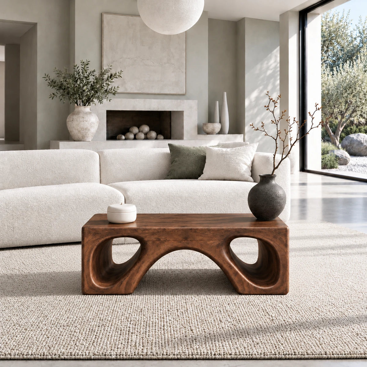 Natural Wood Coffee Table with Flat Top and Twin Carved Arch Pierced Block Base - Arboriswood - 11
