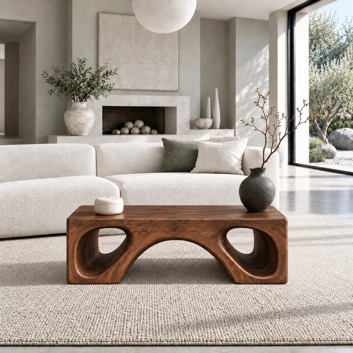 Natural Wood Coffee Table with Flat Top and Twin Carved Arch Pierced Block Base - Arboriswood - 12