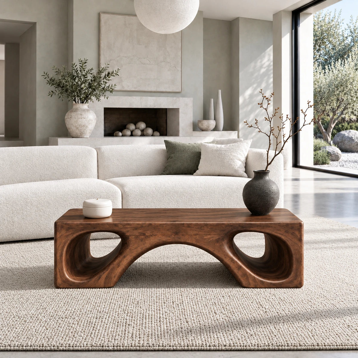 Natural Wood Coffee Table with Flat Top and Twin Carved Arch Pierced Block Base - Arboriswood - 2