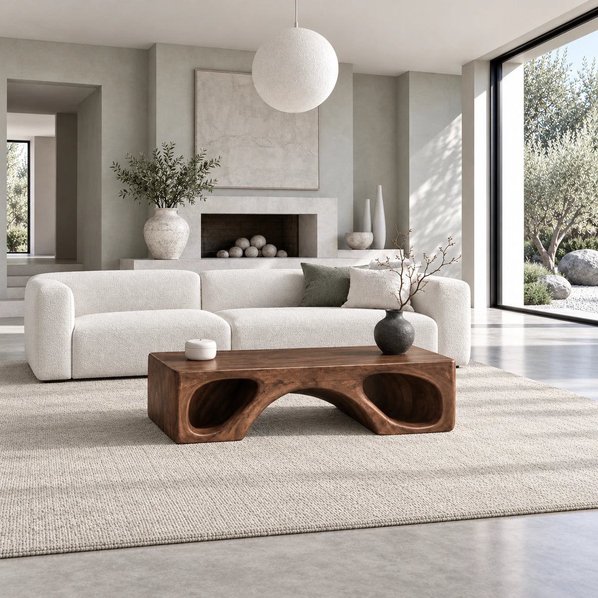 Natural Wood Coffee Table with Flat Top and Twin Carved Arch Pierced Block Base - Arboriswood - 3