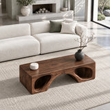 Natural Wood Coffee Table with Flat Top and Twin Carved Arch Pierced Block Base - Arboriswood - 5