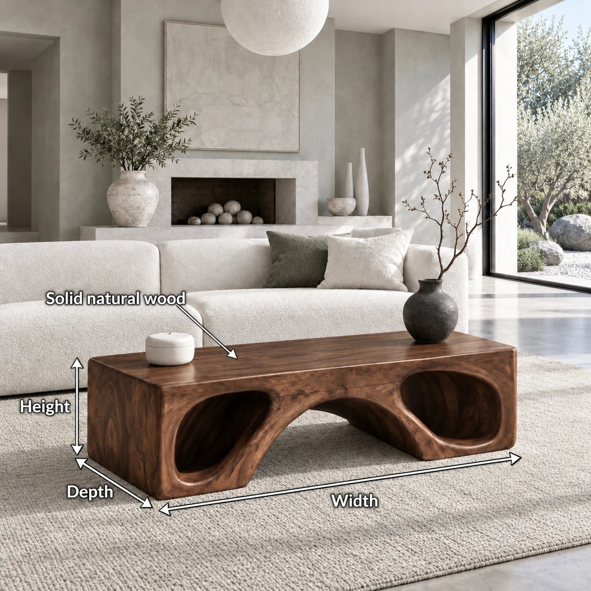 Natural Wood Coffee Table with Flat Top and Twin Carved Arch Pierced Block Base - Arboriswood - 7