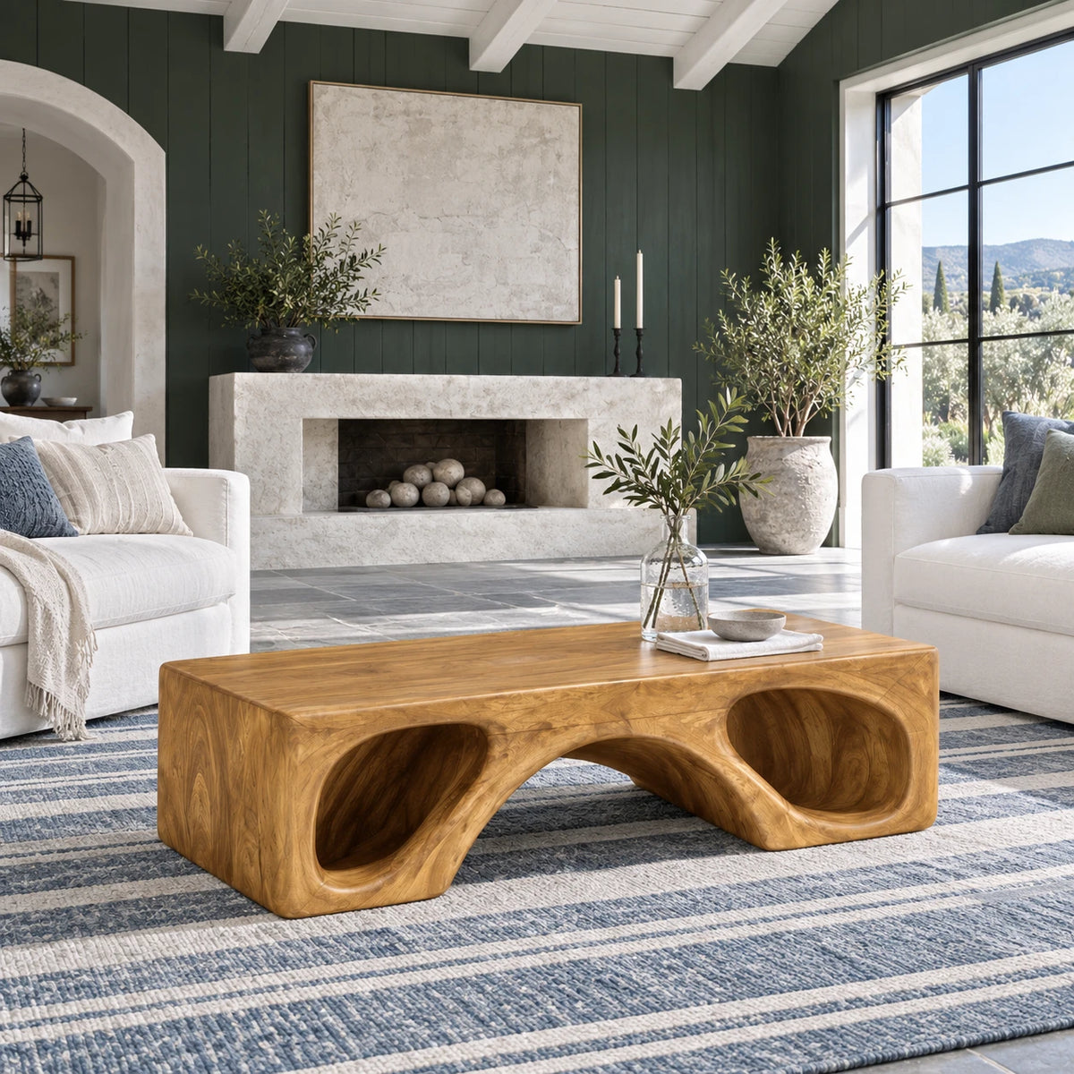 Natural Wood Coffee Table with Flat Top and Twin Carved Arch Pierced Block Base - Arboriswood - 8