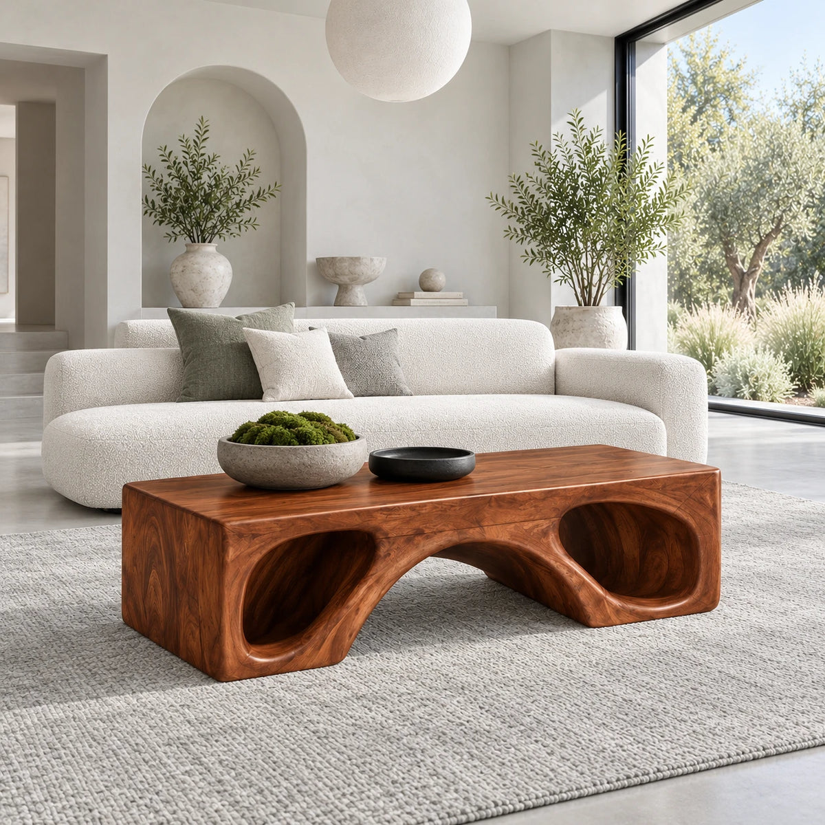Natural Wood Coffee Table with Flat Top and Twin Carved Arch Pierced Block Base - Arboriswood - 9