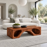 Natural Wood Coffee Table with Flat Top and Twin Carved Arch Pierced Block Base - Arboriswood - 9