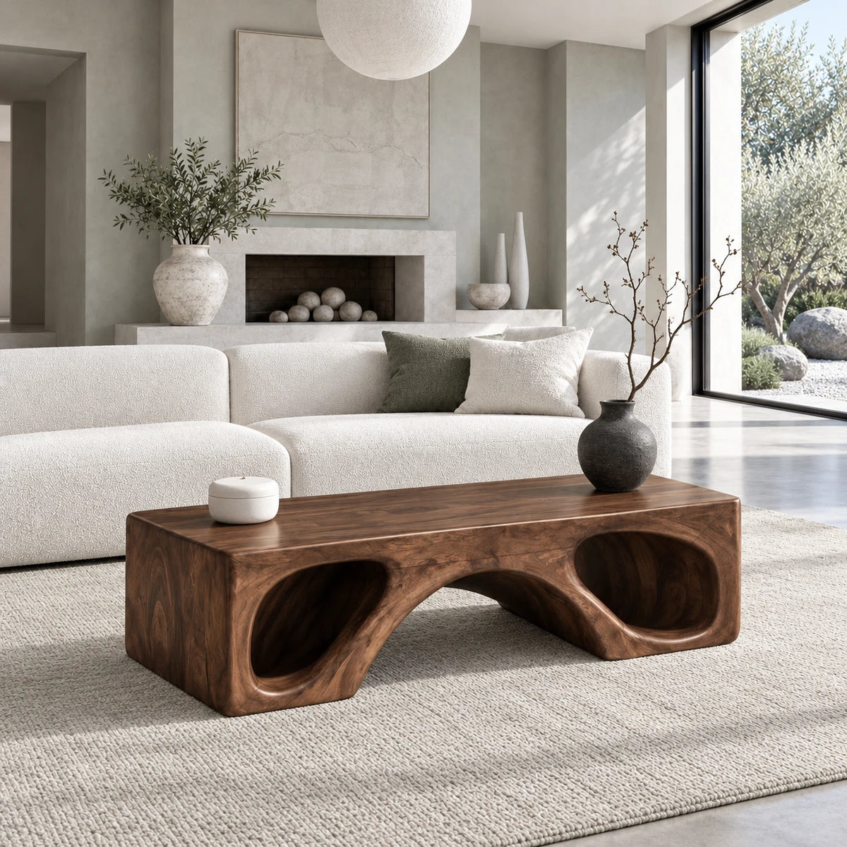 Natural Wood Coffee Table with Flat Top and Twin Carved Arch Pierced Block Base - Arboriswood