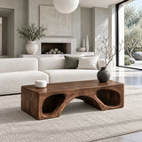 Natural Wood Coffee Table with Flat Top and Twin Carved Arch Pierced Block Base - Arboriswood