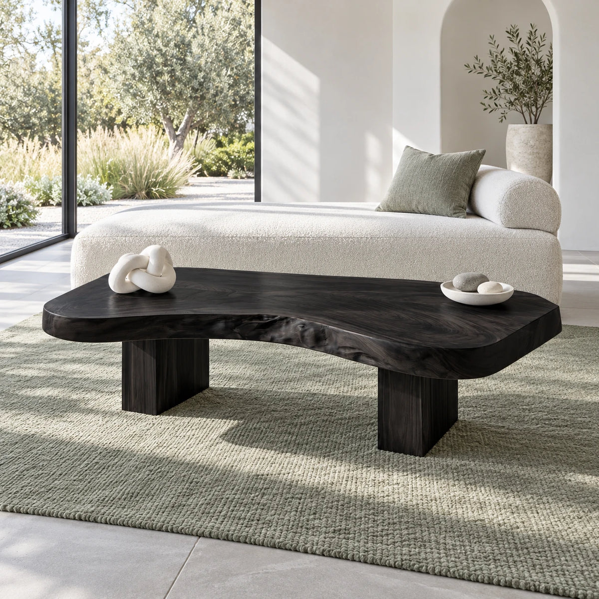 Natural Wood Coffee Table with Pebble-Form Slab Top on Twin Inset Block Plinths - Arboriswood - 10