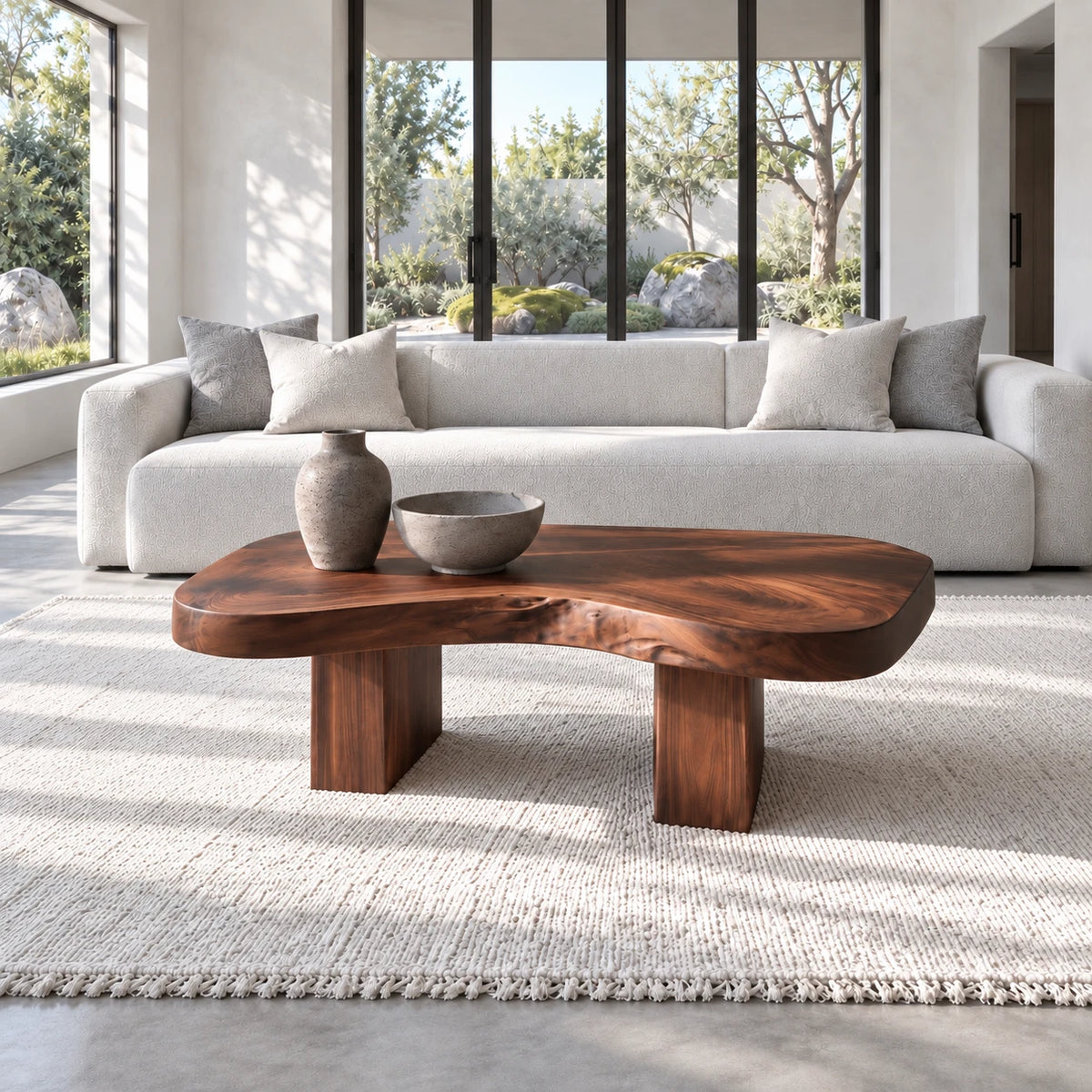 Natural Wood Coffee Table with Pebble-Form Slab Top on Twin Inset Block Plinths - Arboriswood - 11
