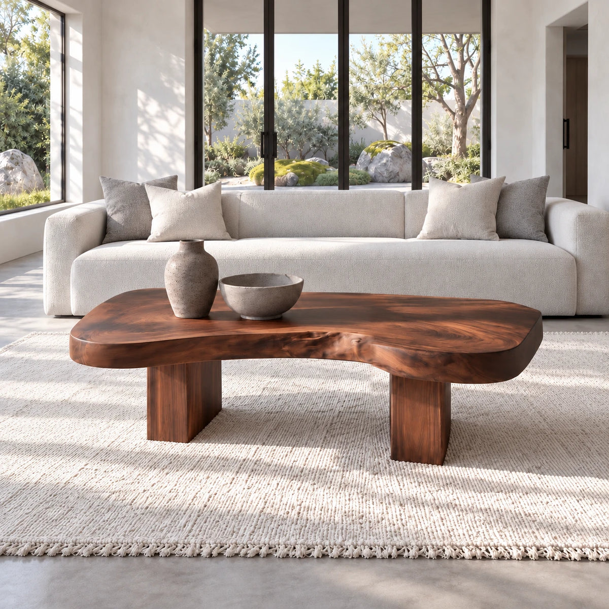 Natural Wood Coffee Table with Pebble-Form Slab Top on Twin Inset Block Plinths - Arboriswood - 12