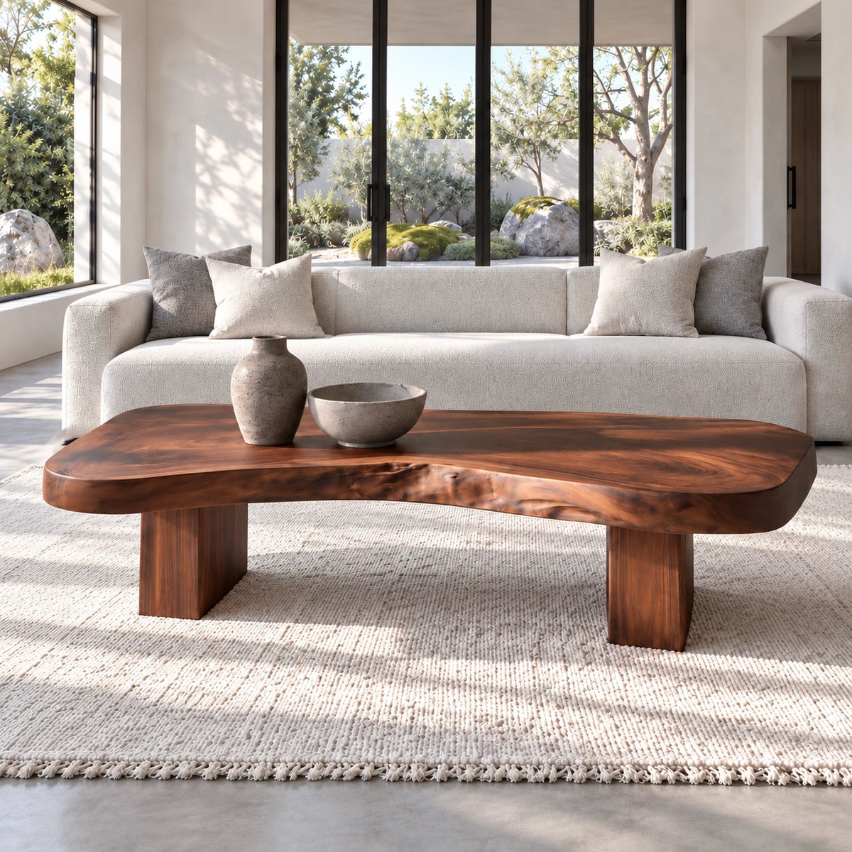 Natural Wood Coffee Table with Pebble-Form Slab Top on Twin Inset Block Plinths - Arboriswood - 13